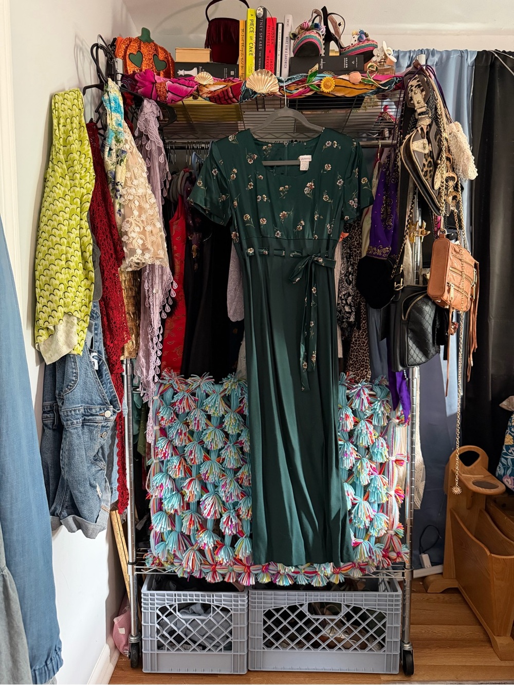 Frederick's of Hollywood Dark Green Floral Midi Dress with Tie Waist